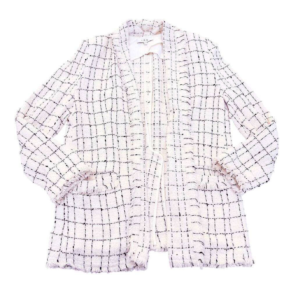 IRO Quanto Fringe Hem Plaid Patterned Blazer Jacket White Black Size 42